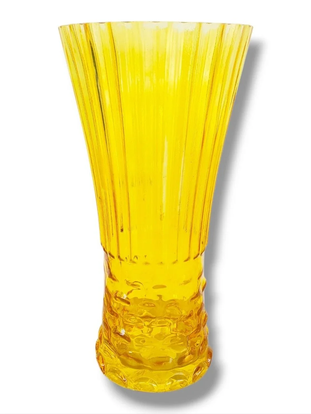 Vintage Amber Glass Fluted Vase Scalloped Rim Mid-Century Style 12” Tall Texture